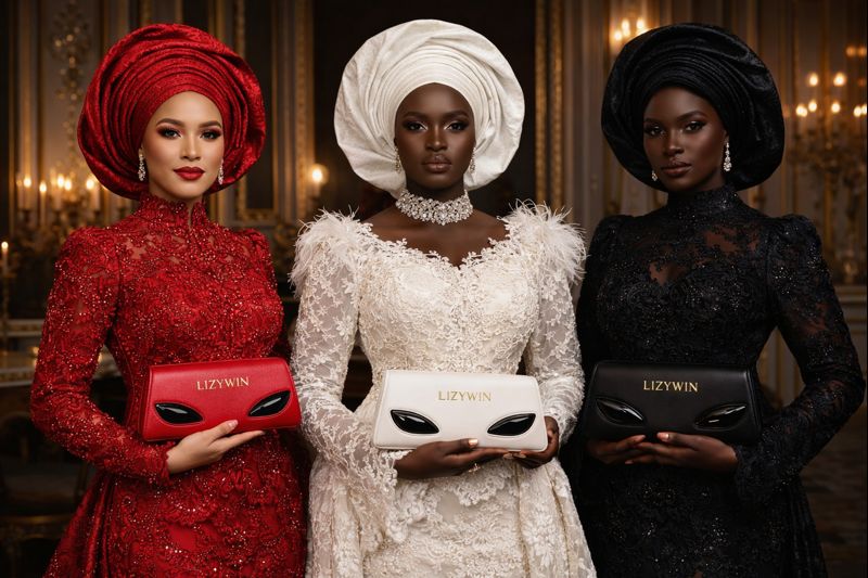 Lizywin Optica Hand clutch - carried by nigerian models in traditional attire